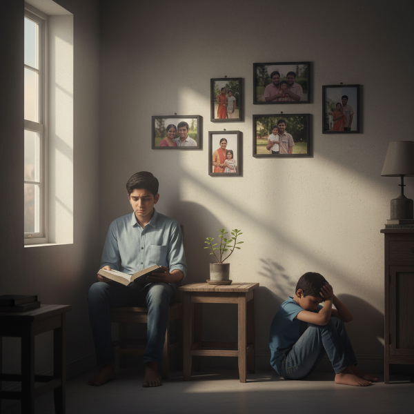 एक युवा लड़का तनावपूर्ण पारिवारिक माहौल में अकेलापन और चिंता महसूस कर रहा है, जबकि उसका छोटा भाई भी परेशान दिखाई दे रहा है।