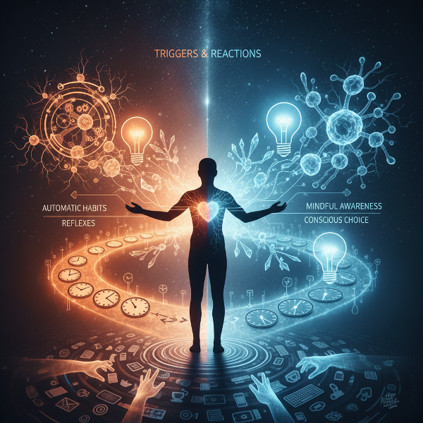 एक व्यक्ति चौराहे पर खड़ा है, जहाँ एक रास्ता स्वचालित आदतों से जुड़ा है और दूसरा सचेतन विकल्पों से। मस्तिष्क की न्यूरॉन्स में कुछ ऑटोपायलट पर हैं तो कुछ आत्म-नियंत्रण की जागरूकता से जल रहे हैं।