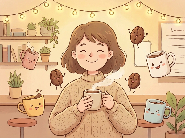 एक मज़ेदार और रंगीन छवि जहाँ एक व्यक्ति कॉफी का कप पकड़े मुस्कुरा रहा है, आसपास हवा में उड़ते कॉफी के दाने और विभिन्न भाव वाले मग दिख रहे हैं।