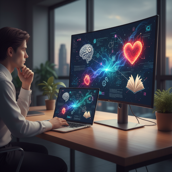 एक व्यक्ति अपने निर्णय लेने की संज्ञानात्मक शैलियों - विश्लेषणात्मक, भावनात्मक और स्वज्ञानात्मक - का मूल्यांकन करते हुए, आधुनिक कार्यालय में विचारमग्न अवस्था में बैठा है।