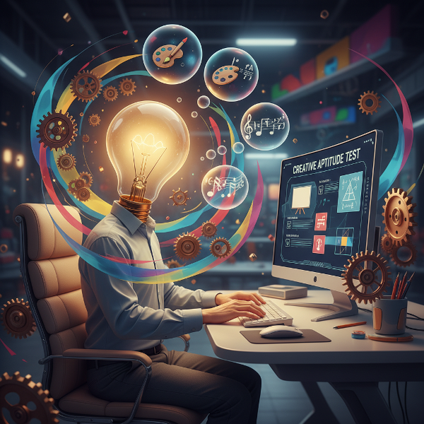 एक व्यक्ति जिसके सिर पर जलता हुआ बल्ब है, वह रचनात्मक विचारों से भरे रंगीन आकारों और विचार बुलबुलों से घिरा हुआ है, और एक कंप्यूटर स्क्रीन पर रचनात्मकता परीक्षण देख रहा है।