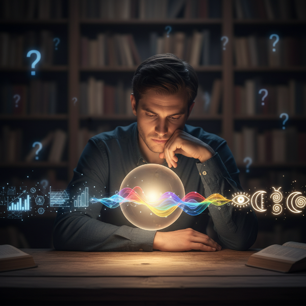 एक व्यक्ति तीन अलग-अलग सोच शैलियों - वैज्ञानिक विश्लेषण, रचनात्मक अन्वेषण और सहज निर्णय - का प्रतिनिधित्व करते हुए एक चमकते गोले को देख रहा है।