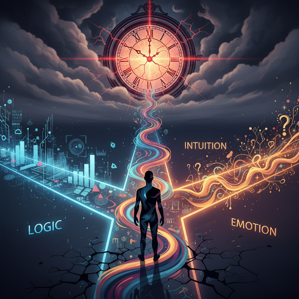 एक व्यक्ति तीन अलग-अलग रास्तों के चौराहे पर खड़ा है, जो तर्क, अंतर्ज्ञान और भावनाओं को दर्शाते हैं, जो निर्णय लेने के मनोविज्ञान को दिखाता है।