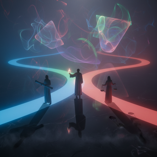 एक व्यक्ति जो रास्तों के चौराहे पर खड़ा है, जहां उसकी छाया तीन अलग-अलग आकृतियों में बंटी हुई है, जो नियंत्रक, अन्वेषक और संतुलनकर्ता निर्णय शैलियों को दर्शाती है।