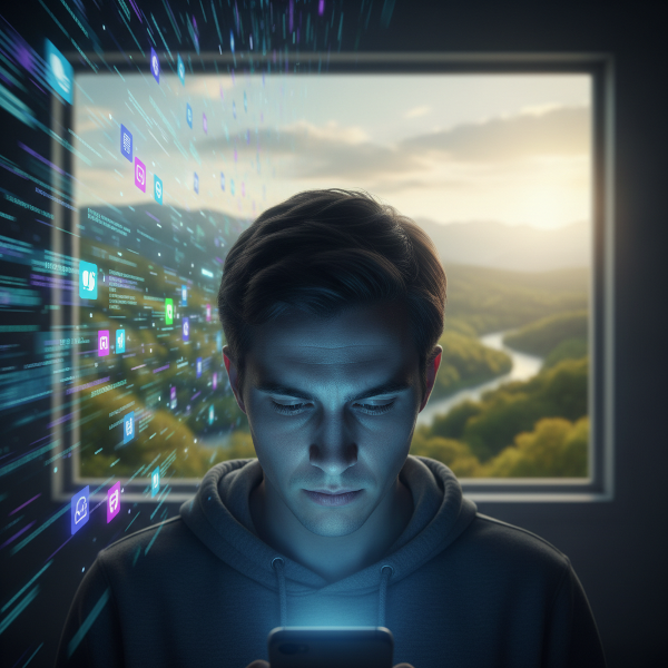 एक व्यक्ति स्मार्टफोन की चमकती स्क्रीन को देख रहा है, जिसके चेहरे पर नीली रोशनी पड़ रही है और वह विचारमग्न है। पृष्ठभूमि में धुंधला डिजिटल संसार और खिड़की के बाहर शांत प्राकृतिक दृश्य दिख रहा है।