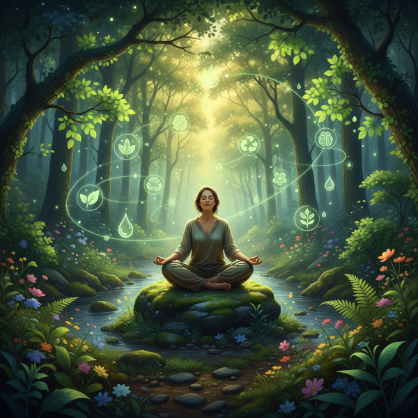 प्रकृति के बीच ध्यान करते व्यक्ति की शांत छवि, जो पारिस्थितिक जागरूकता और मानसिक स्वास्थ्य को दर्शाती है।