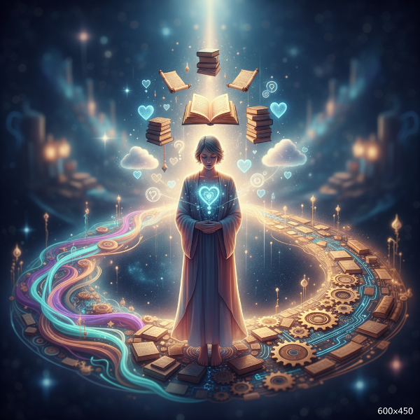 एक व्यक्ति तीन चमकदार रास्तों के चौराहे पर खड़ा है, जो भावनात्मक निर्णय लेने के विभिन्न स्रोतों - तर्क, अंतर्ज्ञान और अनुभव - को दर्शाता है।