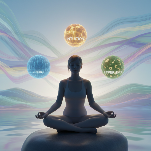एक व्यक्ति शांत मुद्रा में बैठा है, जिसके चारों ओर तर्क, सहजता और अनुभव का प्रतिनिधित्व करते हुए तीन चमकते गोले हैं। पृष्ठभूमि एक शांत, अमूर्त दृश्य है जो भावनात्मक गहराई और आत्म-खोज को दर्शाता है।