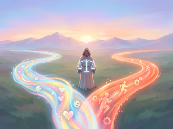 एक व्यक्ति चमकदार ऊर्जा पथों के चौराहे पर खड़ा है, जो भावनात्मक और शारीरिक ऊर्जा के संतुलन को दर्शाता है, पृष्ठभूमि में नवजागरण का सूर्योदय दिख रहा है।