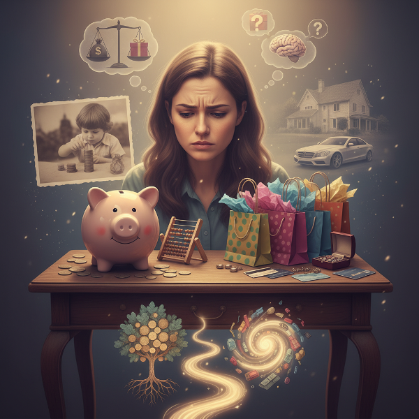 एक व्यक्ति गुल्लक और खरीदारी के बैगों को विचारमग्न होकर देख रहा है, जो बचत और खर्च के बीच के भावनात्मक द्वंद्व को दर्शाता है।