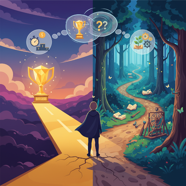 एक व्यक्ति दो रास्तों के बीच खड़ा है - एक लक्ष्य की ओर जाता है, दूसरा प्रक्रिया के आनंद की ओर। यह छवि लक्ष्य-उन्मुख और प्रक्रिया-उन्मुख व्यक्तित्व के बीच चयन का प्रतीक है।