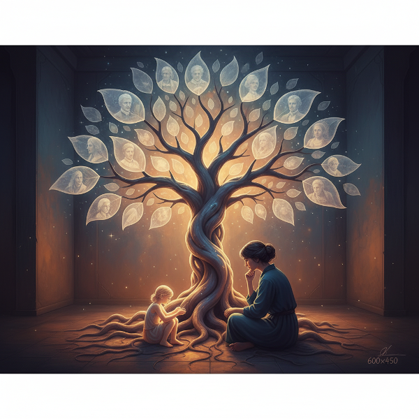 एक व्यक्ति एक चमकते पारिवारिक वृक्ष को देख रहा है, जिसकी जड़ें और शाखाएँ आपस में गुंथी हुई हैं, जो भावनात्मक विरासत और आंतरिक बच्चे की अवधारणा को दर्शाता है।