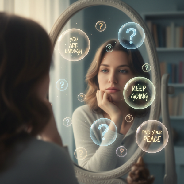 एक व्यक्ति अपने आंतरिक संवाद में डूबा हुआ, दर्पण में अपने प्रतिबिंब को देख रहा है। चारों ओर विचारों के बुलबुले और प्रतीक दिखाई दे रहे हैं।