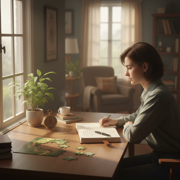 एक शांतिपूर्ण दृश्य जहाँ एक व्यक्ति जीवन के विकल्पों पर विचार कर रहा है। खिड़की से नरम रोशनी आ रही है और मेज़ पर प्रतीकात्मक वस्तुएँ रखी हैं, जो आत्म-खोज और आंतरिक प्रेरणा को दर्शाती हैं।