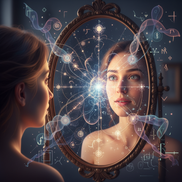 एक व्यक्ति आईने में अपने विचारों और भावनाओं के जटिल नेटवर्क को देख रहा है, जो आत्म-जागरूकता और आंतरिक स्व की खोज को दर्शाता है।