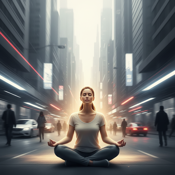 एक व्यक्ति आधुनिक शहर की अस्त-व्यस्तता के बीच शांतिपूर्वक ध्यानमग्न है, जो आंतरिक शक्ति और मानसिक संतुलन को दर्शाता है।