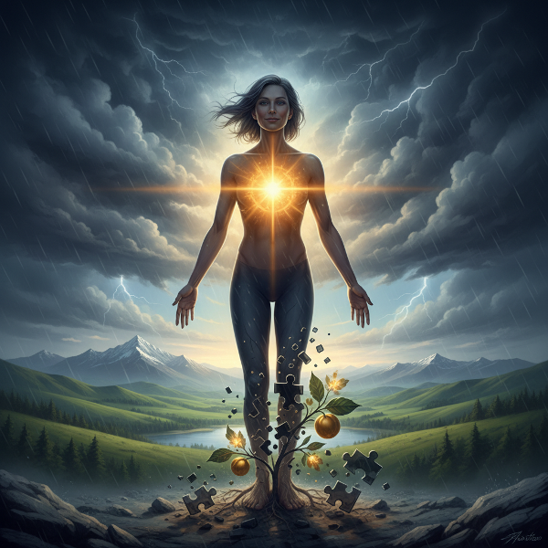 एक व्यक्ति तूफान का सामना करते हुए मजबूती से खड़ा है, जिसके भीतर एक चमकता सूर्य लचीलापन प्रकट कर रहा है। यह छवि मानसिक संतुलन और आंतरिक शक्ति को दर्शाती है।