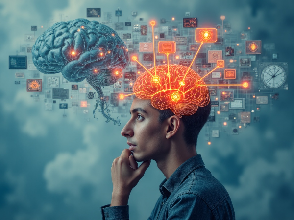 एक व्यक्ति गहन चिंतन में, जिसके मस्तिष्क में आंतरिक संवाद दिख रहा है। आत्म-समर्थन, आत्म-आलोचना और आत्म-अन्वेषण के प्रतीकात्मक दृश्य।