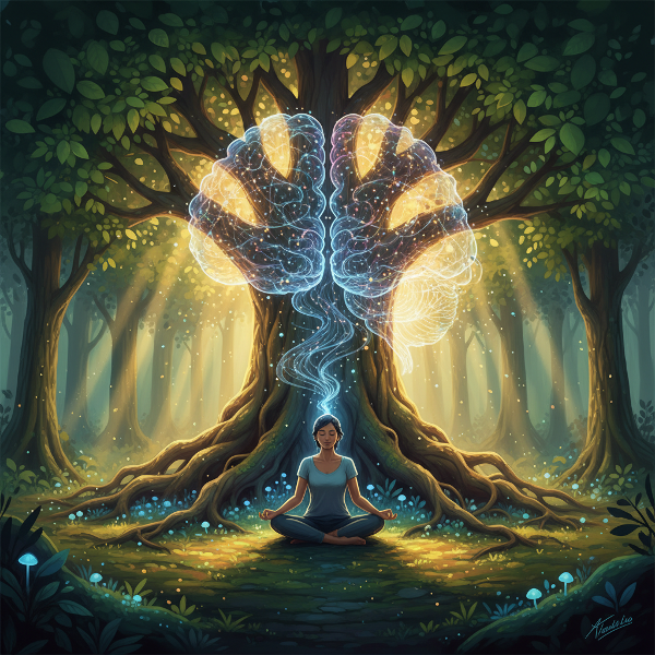 एक शांतिपूर्ण दृश्य जहाँ एक व्यक्ति एक विशाल वृक्ष के नीचे ध्यानमग्न है, उनका मन प्रकाश की जाली के रूप में दिख रहा है जो मानसिक संतुलन, भावनात्मक स्थिरता और आंतरिक विकास को दर्शाता है।