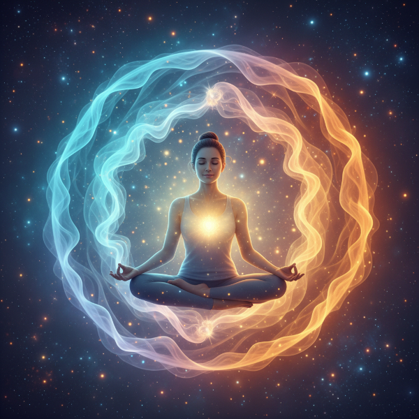 एक व्यक्ति ध्यान मुद्रा में बैठा है, जिसके चारों ओर मन और शरीर की ऊर्जा का संतुलन दर्शाती नीली और नारंगी तरंगें एक यिन-यांग प्रतीक बना रही हैं।