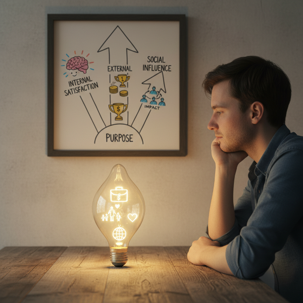एक व्यक्ति गहन विचार में बैठा है, जो एक चमकते हुए बल्ब को देख रहा है जिसके अंदर करियर, परिवार और सामाजिक प्रभाव के प्रतीक तैर रहे हैं। एक प्रेरक चार्ट जो आंतरिक संतुष्टि, बाहरी सफलता और सामाजिक प्रभाव की ओर इशारा करता है।