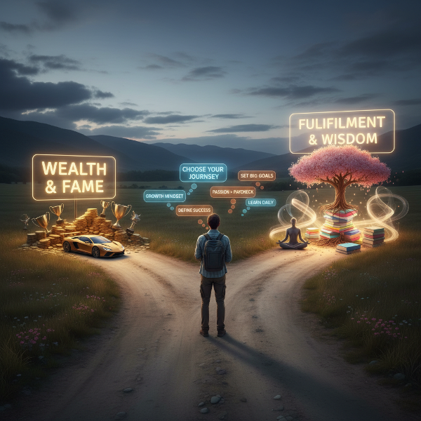 एक व्यक्ति दो रास्तों के बीच खड़ा है - एक बाहरी पुरस्कारों से जगमगाता, दूसरा आंतरिक संतुष्टि से चमकता। उसके आसपास प्रेरणादायक शब्द और लक्ष्य निर्धारण की रणनीतियाँ तैर रही हैं।