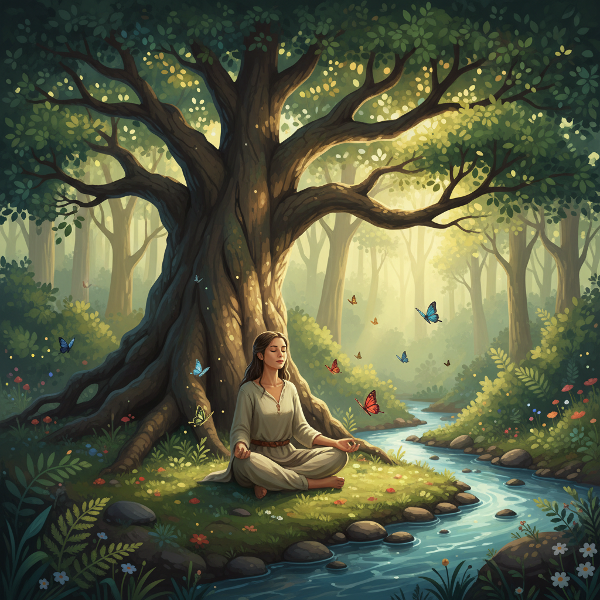 एक व्यक्ति एक विशाल पेड़ के नीचे ध्यानमग्न है, जो प्रकृति के साथ गहरे संबंध और पर्यावरणीय जागरूकता को दर्शाता है।