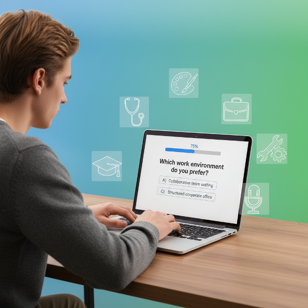 एक व्यक्ति लैपटॉप पर ऑनलाइन करियर मूल्यांकन परीक्षा दे रहा है, जिसमें विभिन्न पेशों के प्रतीक और प्रश्न दिखाई दे रहे हैं।