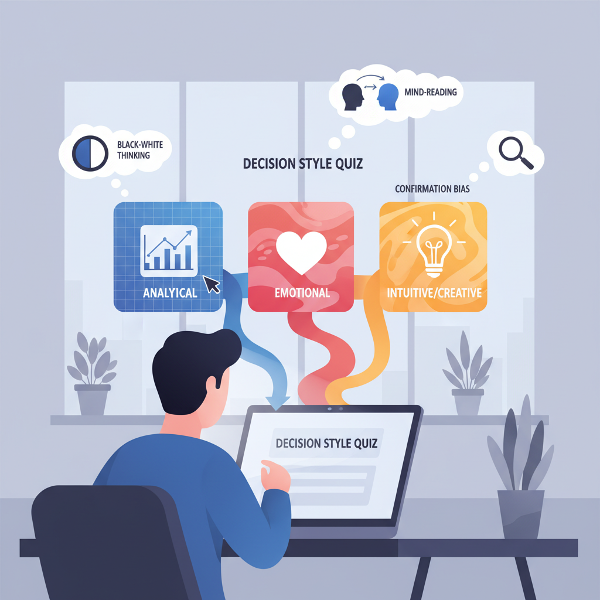एक व्यक्ति ऑनलाइन निर्णय-शैली परीक्षण दे रहा है, जिसमें तीन अलग-अलग रास्ते दिख रहे हैं: तर्कसंगत, भावनात्मक और रचनात्मक। सोच के बुलबुले संज्ञानात्मक पूर्वाग्रहों को दर्शा रहे हैं।