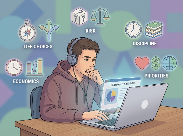 एक व्यक्ति लैपटॉप पर व्यक्तित्व परीक्षा दे रहा है, जिसके चारों ओर जीवन के विभिन्न विकल्पों को दर्शाते प्रतीक चिह्न हैं।