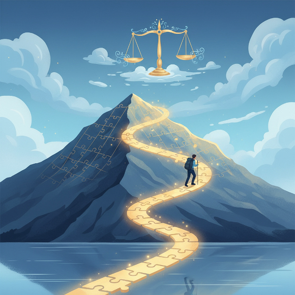 एक शांतिपूर्ण दृश्य जहाँ एक व्यक्ति चमकदार पहेली के टुकड़ों से बने पहाड़ी रास्ते पर चढ़ रहा है, आकाश में संतुलन का पैमाना और नीचे शांत झील है, जो आंतरिक विकास और मानसिक स्थिरता को दर्शाता है।