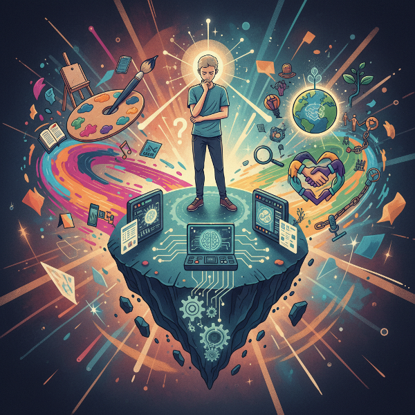 एक रंगीन चित्रण जहाँ एक व्यक्ति तीन रास्तों के चौराहे पर खड़ा है, जो कला, तर्क और सामाजिक सुधार के विभिन्न पहलुओं को दर्शाता है।