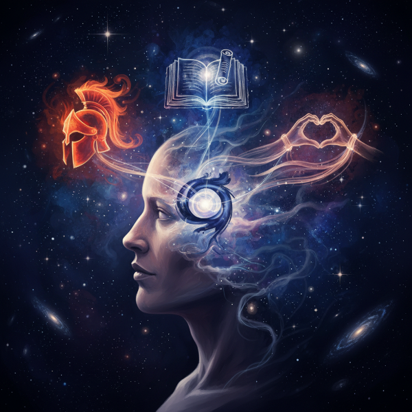 एक व्यक्ति का चेहरा तीन चमकदार, प्रतीकात्मक आकृतियों में विलीन होता हुआ दिख रहा है, जो मनोवैज्ञानिक प्रतिमाओं का प्रतिनिधित्व करती हैं। पृष्ठभूमि में ब्रह्मांड और तारे दिखाई दे रहे हैं, जो आत्म-चिंतन और आंतरिक खोज के भाव को दर्शाते हैं।