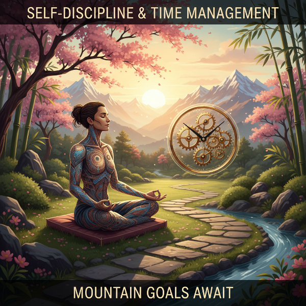 एक शांत बगीचे में ध्यानमग्न व्यक्ति, जो आत्म-अनुशासन और केंद्रित ऊर्जा को दर्शाता है। पास में तैरती घड़ी और दूर के पहाड़ी लक्ष्य समय प्रबंधन एवं दीर्घकालिक प्रतिबद्धता का प्रतीक हैं।