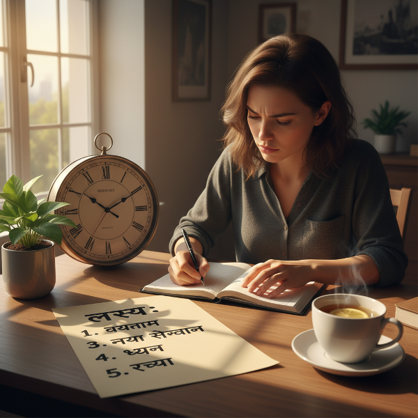 एक व्यक्ति अपने लक्ष्यों की योजना बनाते हुए, समय प्रबंधन और आत्म-अनुशासन का प्रतीक।