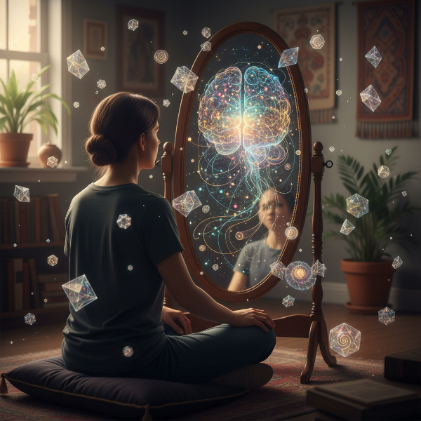 एक व्यक्ति आत्म-चिंतन में बैठा है, एक प्रतीकात्मक दर्पण में अपने विचारों और भावनाओं के जटिल नेटवर्क को देख रहा है, जो आंतरिक पहचान और आत्म-मूल्यांकन का प्रतिनिधित्व करता है।