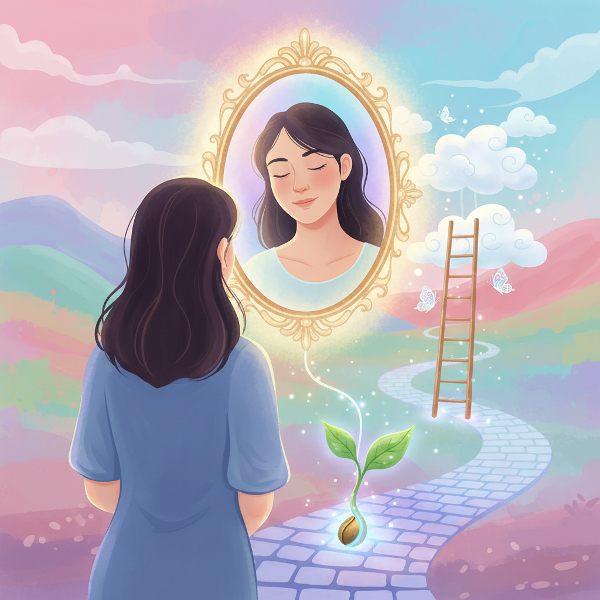 एक व्यक्ति आत्म-चिंतन करते हुए दर्पण में देख रहा है, जिसके प्रतिबिंब के चारों ओर प्रकाश चमक रहा है। विकास के प्रतीकों के साथ आत्म-खोज का मार्ग दिखाया गया है।