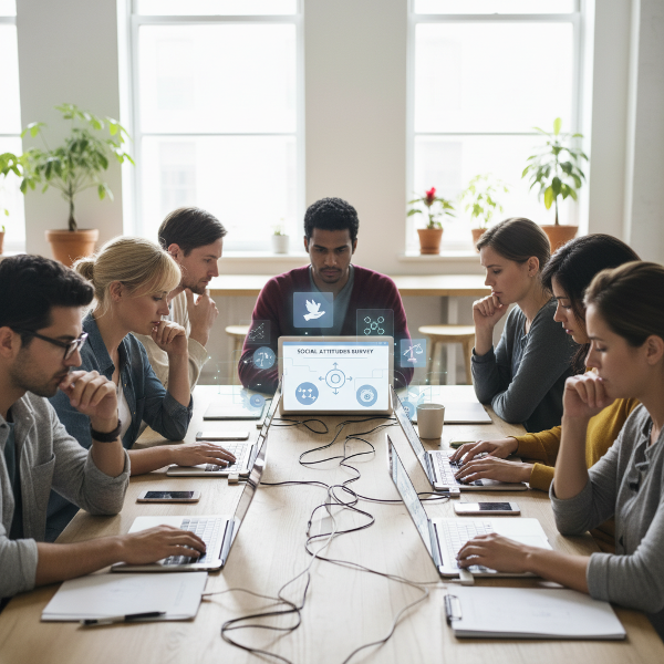 विविध लोग ऑनलाइन सामाजिक दृष्टिकोण परीक्षण देते हुए, जिसमें सहनशीलता, समूह दबाव और पूर्वाग्रह जैसे अवधारणाओं को दर्शाया गया है।