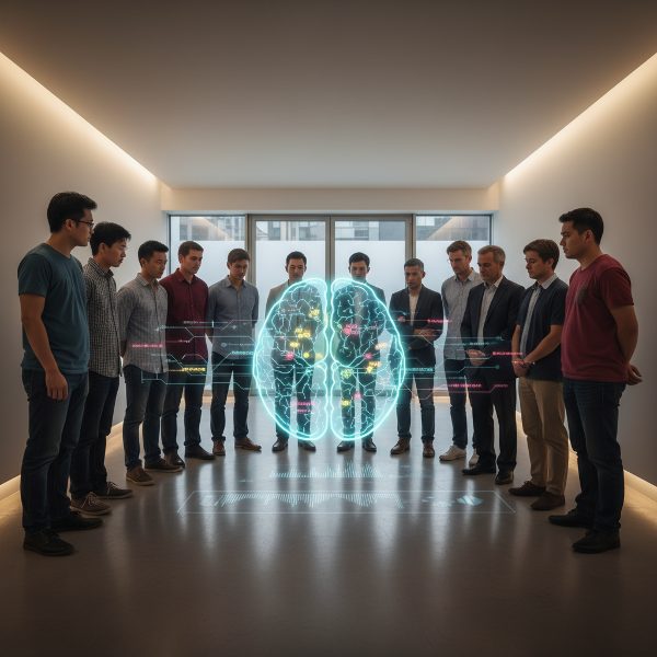 विविध पृष्ठभूमि के लोग एक साथ खड़े हैं, जो सामाजिक जुड़ाव, सहनशीलता और अचेतन पूर्वाग्रहों को दर्शाते एक जटिल मस्तिष्क स्कैन को देख रहे हैं।