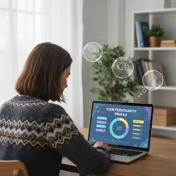एक व्यक्ति लैपटॉप पर एक रंगीन ऑनलाइन मनोवैज्ञानिक परीक्षण दे रहा है, जो सामाजिक संचार शैली का विश्लेषण करता है।