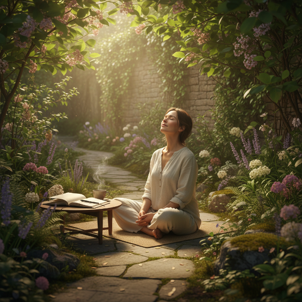 एक शांतिपूर्ण बगीचे में बैठा व्यक्ति गहरी सांस ले रहा है, जो तनाव प्रबंधन और आत्म-चिंतन का प्रतीक है।