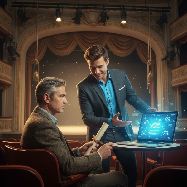 एक थिएटर में अनुभवी और युवा सदस्य के बीच परंपरा और नवाचार का दृश्य, जहाँ पुरानी पहचान और नई तकनीक का सामना हो रहा है।