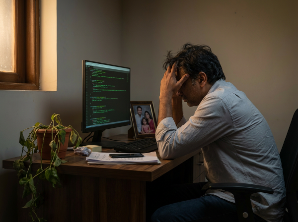 एक थका हुआ सॉफ्टवेयर इंजीनियर अपने कार्यालय में बैठा है, कंप्यूटर स्क्रीन को देखते हुए। वह तनाव और थकान महसूस कर रहा है, जो उसके चेहरे के भाव और आसपास के वातावरण से दिखाई दे रहा है।