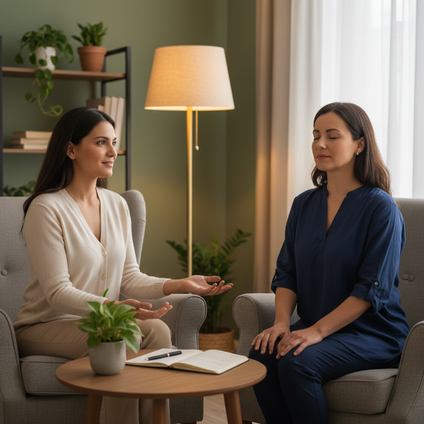 एक सुरक्षित और शांत कार्यालय में मनोवैज्ञानिक द्वारा एक महिला को आघात प्रबंधन के लिए ग्राउंडिंग तकनीक सिखाते हुए दृश्य।