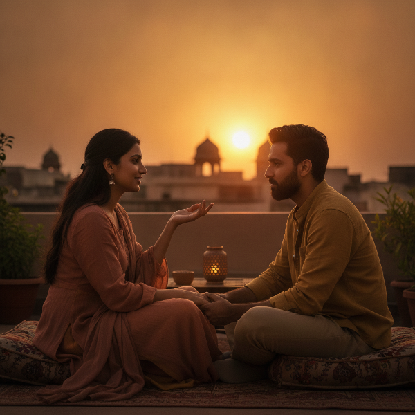 एक शांत छत पर सूर्यास्त के समय बैठे युवा भारतीय जोड़े, आमने-सामने बातचीत करते हुए, आँखों में सहानुभूति और धैर्य, विश्वास और भावनात्मक सुरक्षा का प्रतीक।