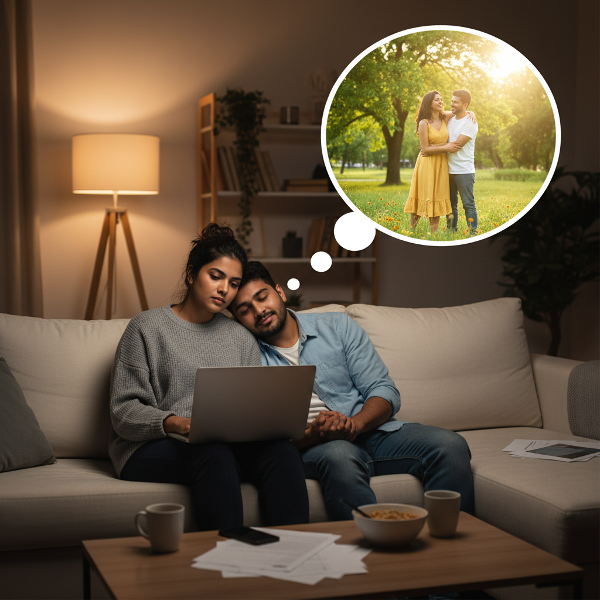 एक युवा पेशेवर जोड़ा सप्ताह के दिन थकान और तनाव महसूस कर रहा है, लेकिन सप्ताहांत में उनके आराम और जुड़ाव के विचार से आशा मिलती है।