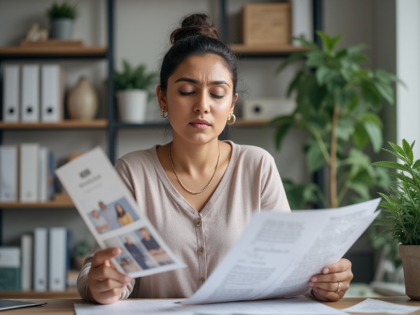 एक मध्यम आयु की महिला काम और परिवार के तनाव के बीच संतुलन ढूंढते हुए, शांत रहने के लिए गहरी सांस ले रही है।
