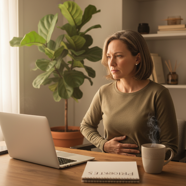 एक मध्यम आयु की महिला अपने घर के कार्यालय में बैठी है, पेट में परेशानी महसूस कर रही है, जबकि वह अपने काम और तनाव का प्रबंधन करने का प्रयास कर रही है।
