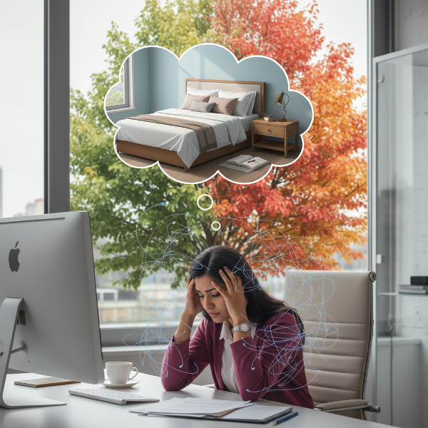 एक युवा महिला कार्यालय में तनावग्रस्त बैठी है, खिड़की के बाहर मौसम बदल रहा है। उसके विचारों में एक शांत शयनकक्ष और नोटबुक दिख रही है, जो बेहतर नींद और समाधान की इच्छा को दर्शाता है।