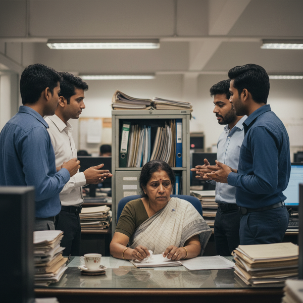 एक 55 वर्षीय महिला कार्यालय में अकेली बैठी है, सहकर्मी पीछे अफवाहें फैला रहे हैं, वह चिंतित दिख रही है।